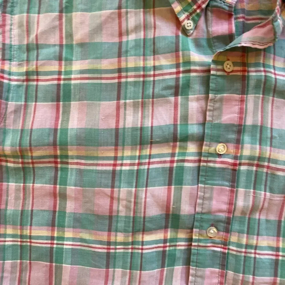 Vintage RALPH LAUREN Oxford 100% Cotton Plaid Long Sleeve Short Size Large